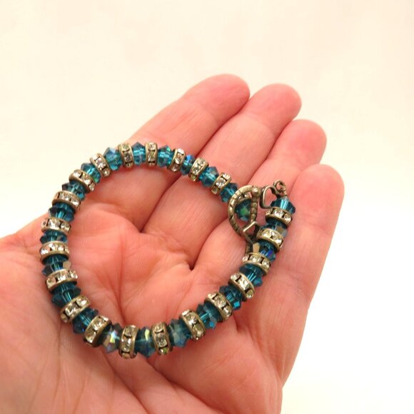 Blue Crystal Bead Bracelet Rhinestone Spacers Silver Tone Heart Toggle Clasp - Picture 9 of 12